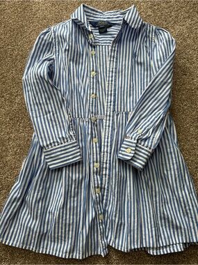 Polo by Ralph Lauren Blue and White Striped Cotton Shirt Dress - Girls